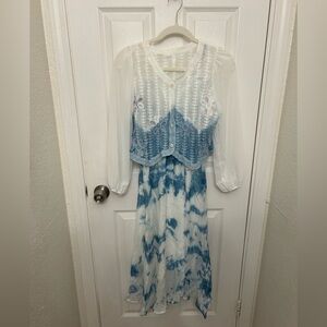 Women Tie Dye Sundress V neck with thin long sleeves cover size S